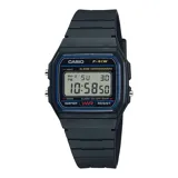 Reloj digital Casio modelo F-91W-1HDG, caja y correa de resina negra. Esfera digital con hora, fecha, cronómetro y alarma.
