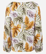 Blusa de viscosa con estampado de follajes en tonos tierra, escote bote y mangas largas abullonadas con puños elásticos.