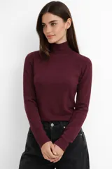 Polera de punto al cuerpo con cuello alto y manga larga.