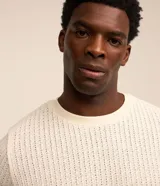 Remera de hombre color crudo, de punto calado con textura de encaje, cuello redondo y mangas cortas. Corte regular. Confeccionada en poliéster y algodón.