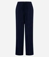 Pantalón pantalona azul marino con rayas verticales blancas, elástico y lazo en la cintura, con efecto airflow.