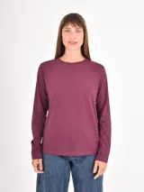 Remera de manga larga con cuello redondo, confeccionada en tejido de algodón liso.
