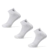 Pack de tres pares de medias unisex de caña media, color blanco, con tejido texturizado para mayor transpirabilidad y logo de la marca bordado en el tobillo.