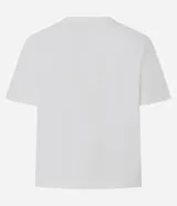 Remera de algodón color blanco, de corte clásico con cuello redondo y manga corta. Presenta un delicado bordado de tres pequeños íconos florales en el centro del pecho.