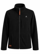 Campera de polar color negro con cierre frontal completo, cuello alto y bolsillos laterales. Presenta detalles en cuero sintético color suela en el tirador del cierre y en una etiqueta decorativa en la parte inferior. Incluye un pequeño logo bordado en el pecho.