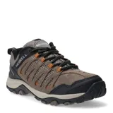 Championes de trekking Merrell Crosslander 3, color marrón con detalles en negro y naranja. Presentan una combinación de cuero y malla transpirable, con suela de goma robusta diseñada para terrenos difíciles y sistema de amortiguación en el talón.