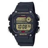 Reloj digital Casio deportivo, caja y correa de resina negra, con pantalla LCD de fondo claro y números en negro. Presenta indicadores de día de la semana, fecha, hora digital grande, cronómetro, y resistencia al agua de 200M.