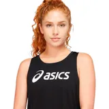 Musculosa Asics de mujer color negro con logo blanco estampado en el frente. Confeccionada con tejido de punto de secado rápido y materiales reciclados.