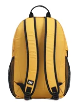 Mochila Caterpillar modelo Tokyo Urban Backpack en color amarillo, confeccionada en poliéster con revestimiento. Cuenta con un compartimento principal, bolsillos laterales de malla negra, asa superior y detalles de la marca en contraste.