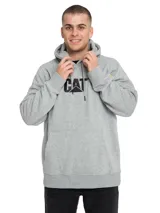 Buzo canguro gris melange con capucha y cordones de ajuste negros. Presenta el logotipo de Caterpillar bordado en el pecho en color negro y bolsillo tipo canguro frontal.