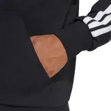 Campera deportiva Adidas M 3S FT FZ HD de color negro con cierre frontal, capucha ajustable y bolsillos tipo canguro. Presenta las icónicas tres tiras blancas en las mangas y el logo de la marca estampado en el pecho.