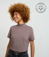 Blusa t-shirt cropped de color gris, con mangas cortas y cuello alto acanalado.