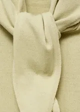 Jersey de punto fino color verde claro, con cuello redondo y manga corta. Presenta un diseño recto y un detalle de pañuelo integrado en el cuello.