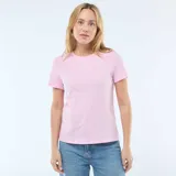 Camiseta de punto de manga corta y cuello redondo, de color rosado.