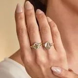 Anillo de diseño artesanal fabricado en plata 925 y oro 18k, con un motivo central circular que representa el símbolo de la medicina. Presenta una combinación de metales en tonos plata y oro, con una banda delgada y elegante.