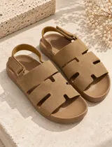 Sandalias de gamuza color beige con tiras anchas, aberturas laterales y tira en el talón con cierre ajustable.