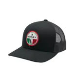 Gorro Hurley negro tipo trucker con parche circular en el frente con el logo de Hurley y la palabra "México" en verde, blanco y rojo.