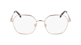 Lentes de receta Longchamp con armazón metálico en tono dorado rosado, de forma geométrica redondeada y patillas finas con terminales en carey.