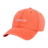 Gorra de béisbol color naranja con logo de Caterpillar bordado en blanco.