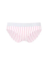 Braguita tipo hiphugger de Victoria's Secret confeccionada en suave microfibra con diseño de rayas verticales blancas y rosadas. Cuenta con una pretina elástica blanca con el logo de la marca estampado en color negro.