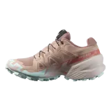 Calzado de trekking Salomon modelo Speedcross 6, en tonos gris y verde claro, diseñadas para trail running con suela de gran tracción y cordones de ajuste rápido.