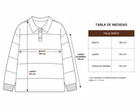 Buzo de manga larga con diseño de rayas horizontales anchas en color amarillo y marrón, cuello polo y cartera con botones frontales.