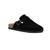 Zueco negro de cuero sintético con plantilla de corcho, tira ancha con hebilla metálica ajustable y suela plana.