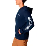 Buzo tipo canguro con capucha ajustable y bolsillo frontal, de color azul marino. Presenta el logo de la marca estampado en el pecho y en la manga izquierda.