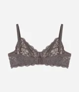 Soutien gris de encaje floral, sin copa y con aro. Breteles finos ajustables y cierre trasero.