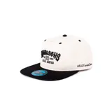 Gorro snapback blanco con visera plana negra y logo de Maui and Sons bordado en negro en el frente.