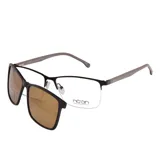 Lentes de receta con marco metálico negro y patillas grises, incluyen un clip-on magnético con cristales marrones para convertirlo en lentes de sol.