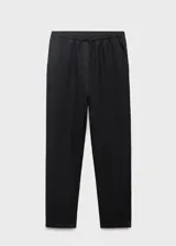 Pantalón largo negro de lino con diseño recto, cintura elástica con cordón ajustable y bolsillos laterales.