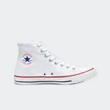 Championes Converse Chuck Taylor All Star HI de caña alta, color blanco con detalles en azul y rojo.