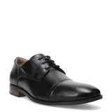 Zapato de vestir tipo oxford para hombre, confeccionado en cuero negro con cierre de cordones, puntera reforzada y suela de madera con tacón bajo.