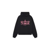 Hoodie oversized negro de Eme Studios, con capucha y bolsillo canguro frontal. Presenta un estampado gráfico en color rosado en el pecho que simula un edificio clásico y tipografía decorativa.