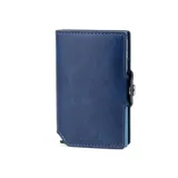 Billetera tipo tarjetero de cuero negro con caja de aluminio interna y sistema de deslizamiento para tarjetas. Cuenta con cierre mediante broche a presión.