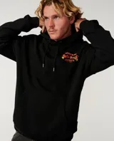 Canguro negro con capucha y bolsillo tipo canguro, confeccionado con felpa de algodón. Presenta un gran estampado gráfico en la espalda con la inscripción 'Bells Beach Australia' y un diseño alusivo al evento de surf, con llamas en los laterales.