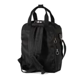 Bolso matero negro de poliéster con diseño reforzado y flexible. Tiene acceso con cierre doble, dos bolsillos externos con cierre, un bolsillo interno con cierre y dos abiertos. Cuenta con compartimentos para notebook y matero. Se puede usar como mochila, bandolera o bolso de mano gracias a sus asas fijas y correa ajustable.