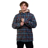 Camisa overshirt de franela a cuadros con interior de chiporro, cierre frontal con botones, bolsillos en el pecho y capucha integrada.