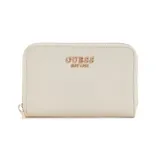 Billetera Guess modelo Amorette, color blanco hueso con textura simil cuero y cierre perimetral dorado. Cuenta con el logotipo de la marca metálico en el frente.