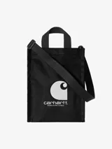 Bolso shopping Carhartt WIP negro de lona de algodón resistente al agua, con asas superiores, correa ajustable y extraíble para el hombro, y estampado gráfico con el logo de la marca en la parte frontal.