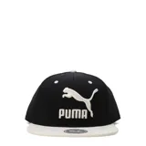 Gorra tipo snapback Puma, con corona negra y visera plana en color beige. Presenta el logo de la marca bordado en el frente en color blanco.