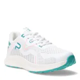 Championes deportivos Push de mujer, color blanco con detalles en turquesa y líneas finas en rosado. Presentan una capellada de malla transpirable, cierre con cordones y suela de goma con relieve en color turquesa.