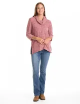 Buzo de tejido velour melange con cuello volcado, mangas tres cuartos y aberturas laterales en el bajo.