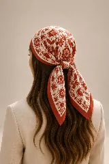 Pañuelo cuadrado de tela suave con estampado floral en tonos rojizos sobre fondo crema y borde contrastante.