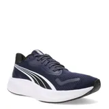 Championes de running Puma modelo Pounce Lite, color azul marino con detalles en blanco y negro. Presentan una parte superior de malla transpirable con refuerzos sintéticos, entresuela de espuma ligera y suela con tecnología Protread para mayor tracción.
