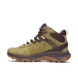 Bota de senderismo Merrell modelo Speed Strike 2 Ltr, de diseño deportivo y caña media. Confeccionada en cuero y ante impermeable en tono verde oliva, con detalles en marrón oscuro. Cuenta con suela de goma adherente y entresuela de espuma EVA para mayor estabilidad.