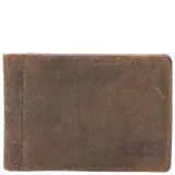 Billetera de cuero natural de primera calidad con clip magnético para billetes, cuatro ranuras para tarjetas, tres bolsillos para billetes y tecnología RFID de protección. Presenta detalle de logotipo en relieve en la esquina inferior.