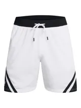 Short deportivo de malla Under Armour, modelo Curry, con diseño bicolor en blanco y negro, cintura elástica con cordón y bolsillos laterales con cierre.