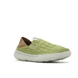 Mocasines Merrell Hut Moc 2 color verde oliva con detalles en marrón y suela blanca.